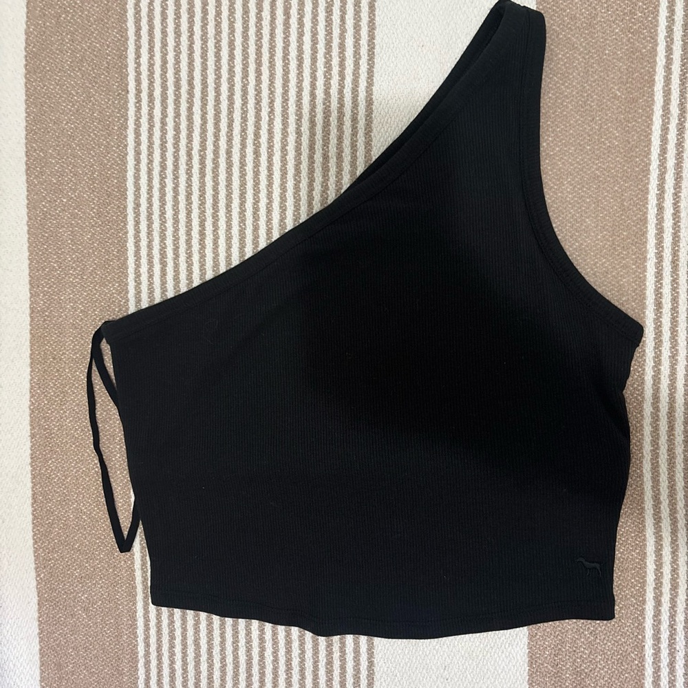 PINK Victoria's Secret Black One-Shoulder Ribbed Crop Top